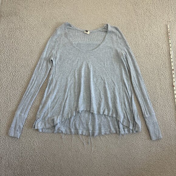 Free People Waffle Knit Top Boat Neck Shirt High Low Raw Hem Blue - Picture 11 of 16